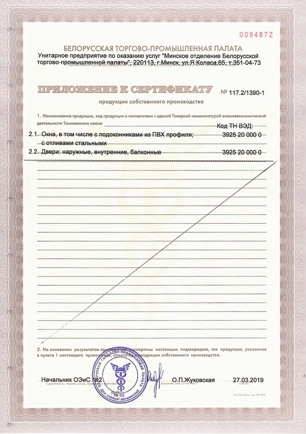 Приложение к сертификату